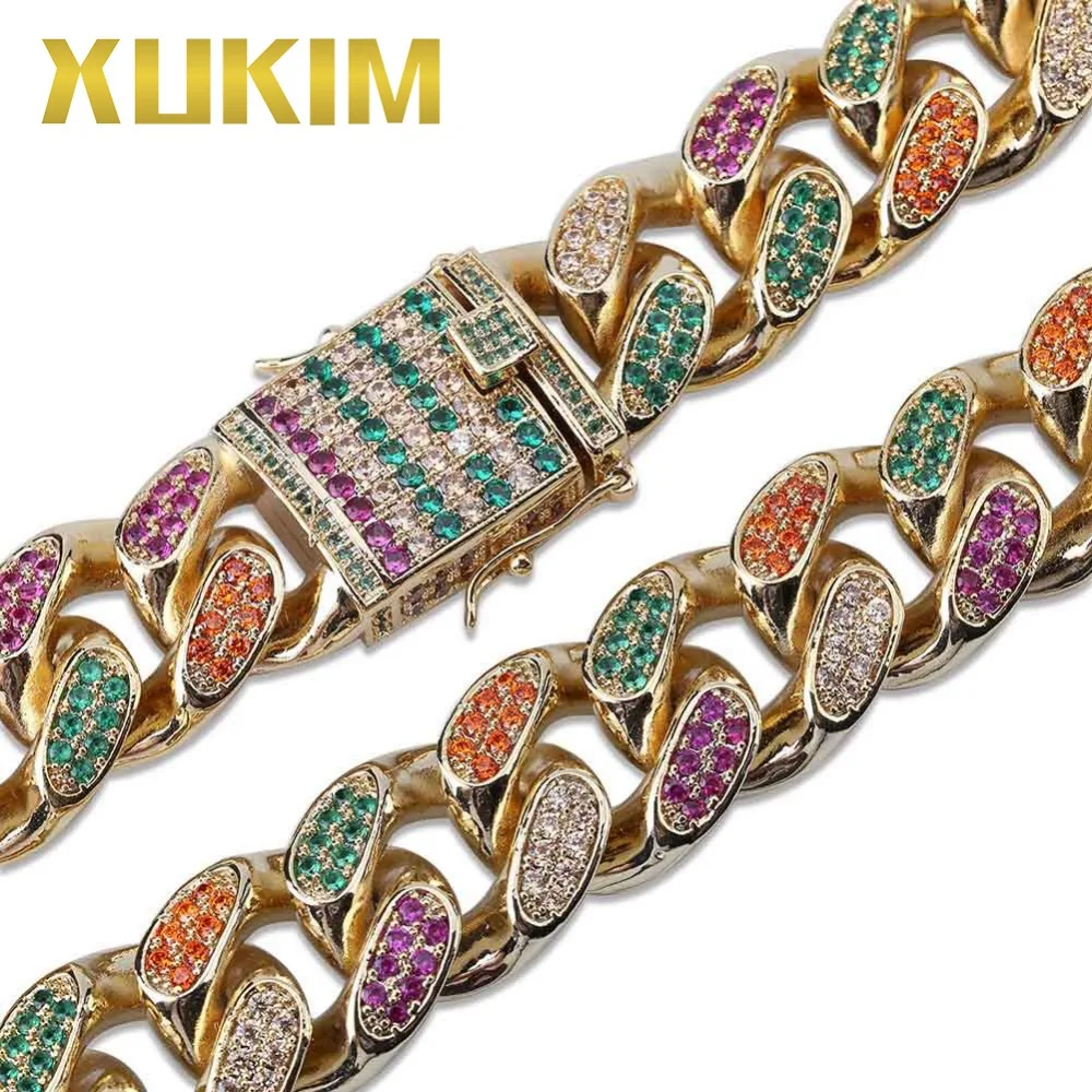 Xukim ювелирные изделия 18 мм микро проложить цвет кубического циркония Майями кубинской звеньевой Цепи Полный Iced Out Рэппер рок хип хоп ювелирные изделия ожерелье