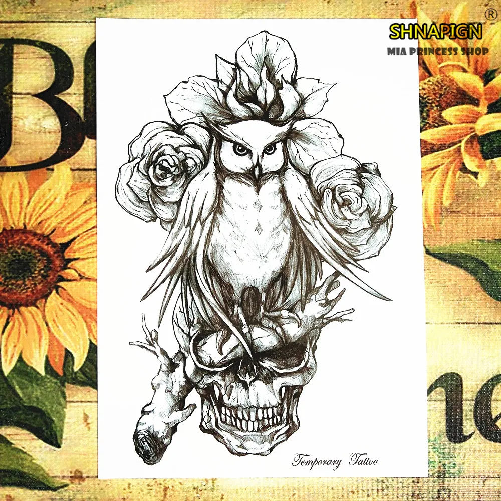 Черная сова Череп Временные татуировки боди арт флэш наклейки для тату 12*20 см