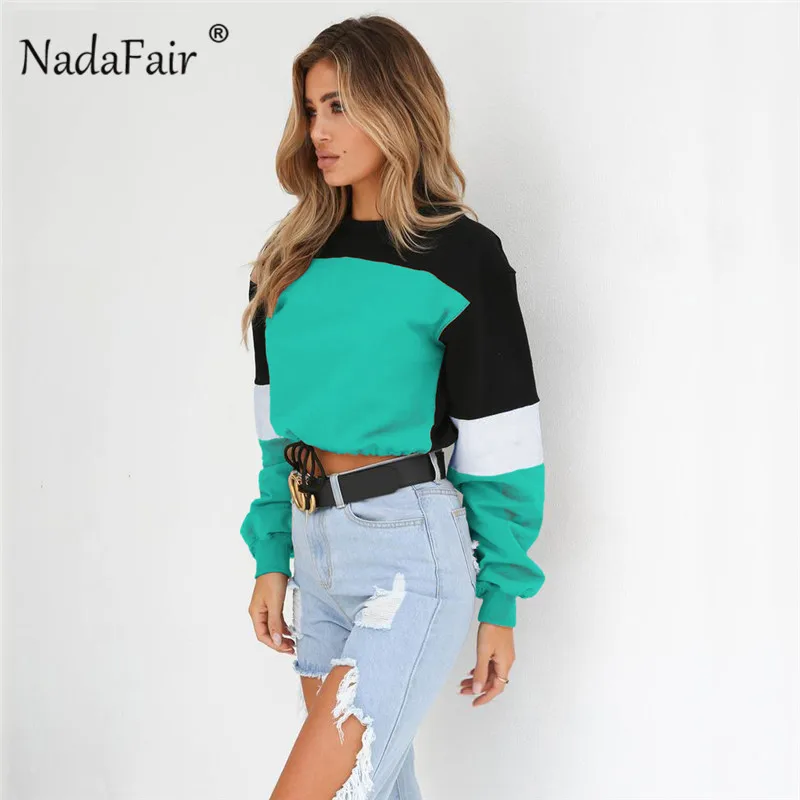 Nadafair, Цветные Лоскутные Свободные повседневные толстовки, женские свитшоты, Осенние сексуальные укороченные топы с эластичной талией, уличная одежда, Sudadera Mujer