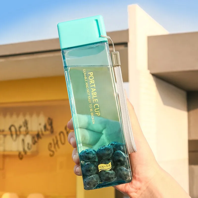 450 мл квадратная пластиковая кристальная бутылка для воды чтобы пить с веревкой