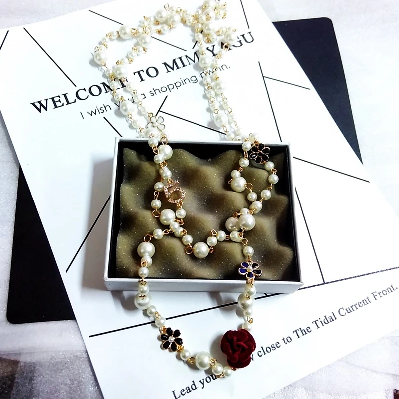 Women Small Fragrant Long Sweater Chain pearl Necklace&amppendant golden Luxury flower Pendant Necklace for women | Украшения и