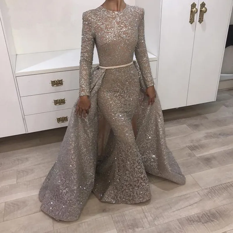 

Luxurious Muslim Evening Dresses Mermaid Long Sleeves Lace Beaded Islamic Dubai Saudi Arabic Long Formal Evening Gown