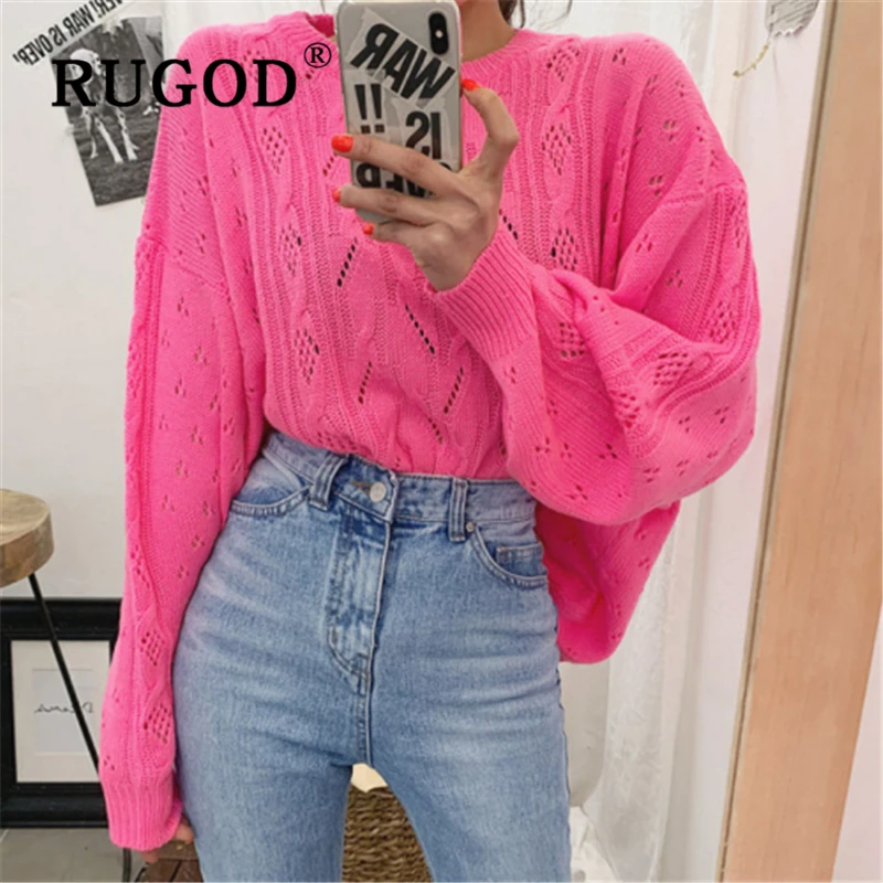 

RUGOD/элегантный вязаный женский свитер с круглым вырезом; Корейский стиль; Шикарный ажурный пуловер оверсайз; Женский модный зеленый свитер; ...