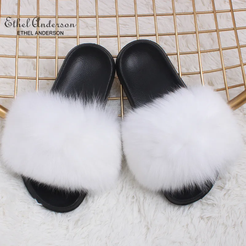 White Fox FUR Новинка года; шлепанцы с натуральным лисьим мехом; шлепанцы для дома и улицы; женские меховые сандалии; обувь на плоской подошве; - Цвет: White Fox FUR