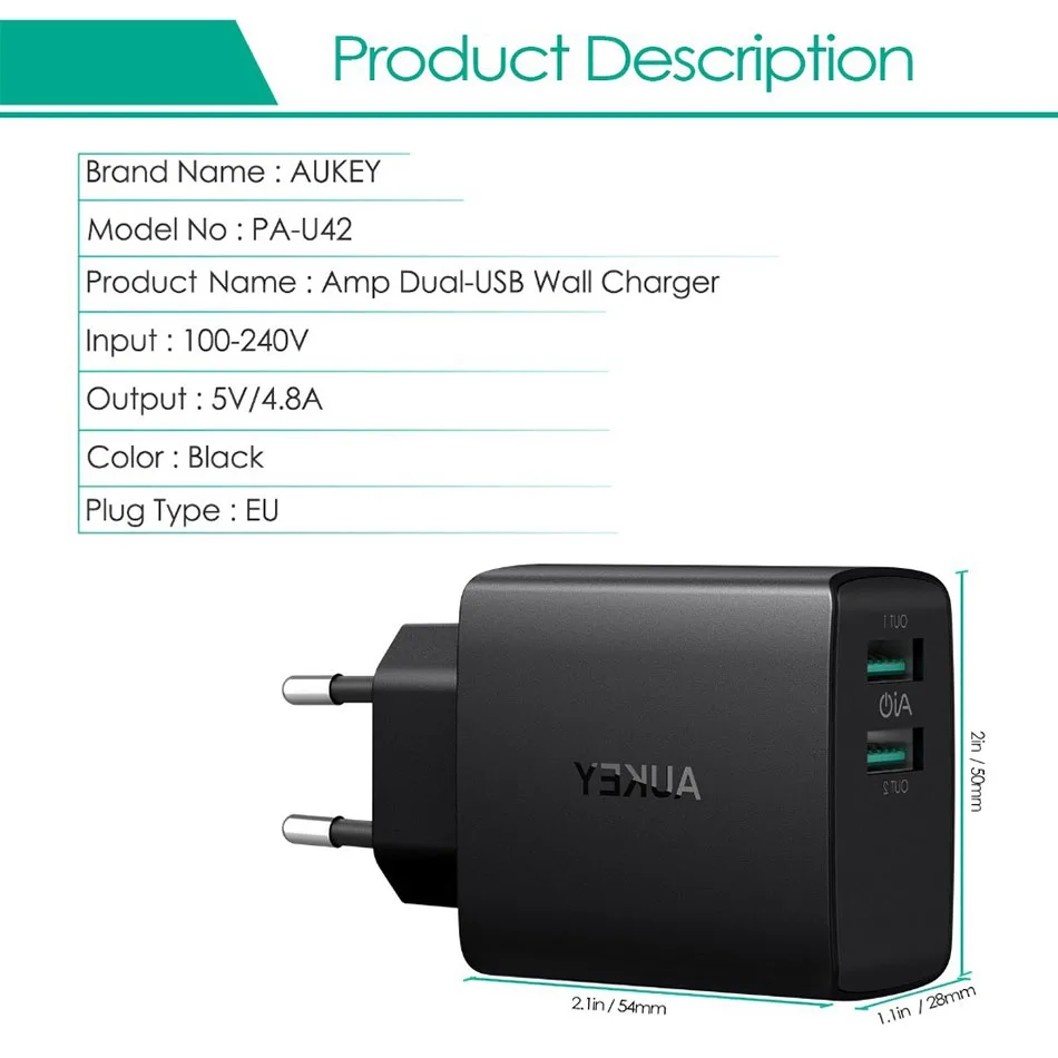 Aukey путешествия двойной USB быстрое зарядное устройство адаптер настенный