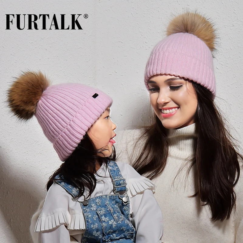 FURTALK Зимняя шапочка &quotмама и ребёнок&quot с помпоном (цена за 1 шт) | Аксессуары для