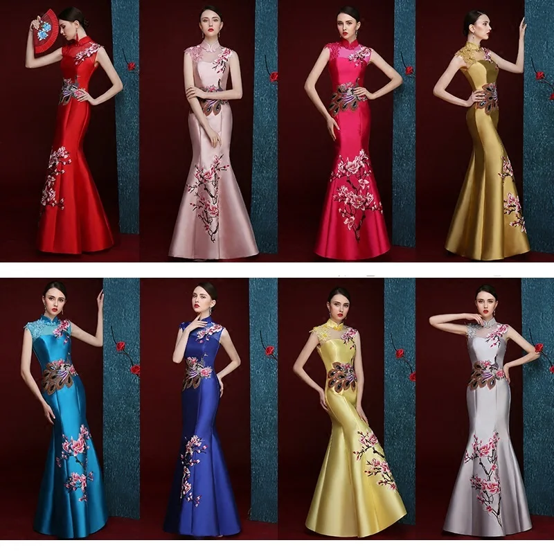 Чонсам китайский стиль длинные qipao красный Русалка Свадебные Кружева