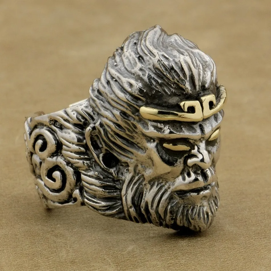 LINSION 925 пробы серебряное Китайское кольцо Король обезьян Укун мужское байкерское