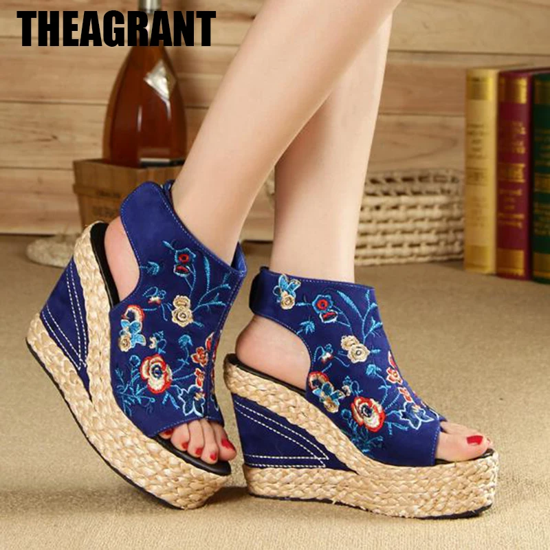 THEAGRANT 2021 вышивкой в этническом стиле женские босоножки на танкетке летние с