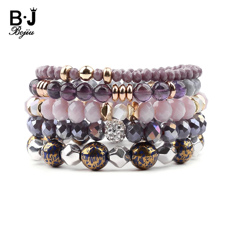Модные Многослойные женские браслеты BOJIU 5 шт./компл. фиолетовые серые прозрачные