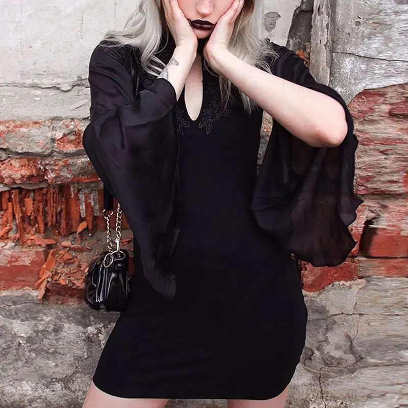 Летние винтажные шикарные готические Cheongsam черные женские мини платья
