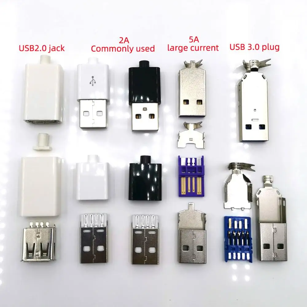 

10set Welded Wire Connector USB 2.0 jack Type-A USB 3.0 Male Plug 2A/5A large current Connection adapter accessories With case