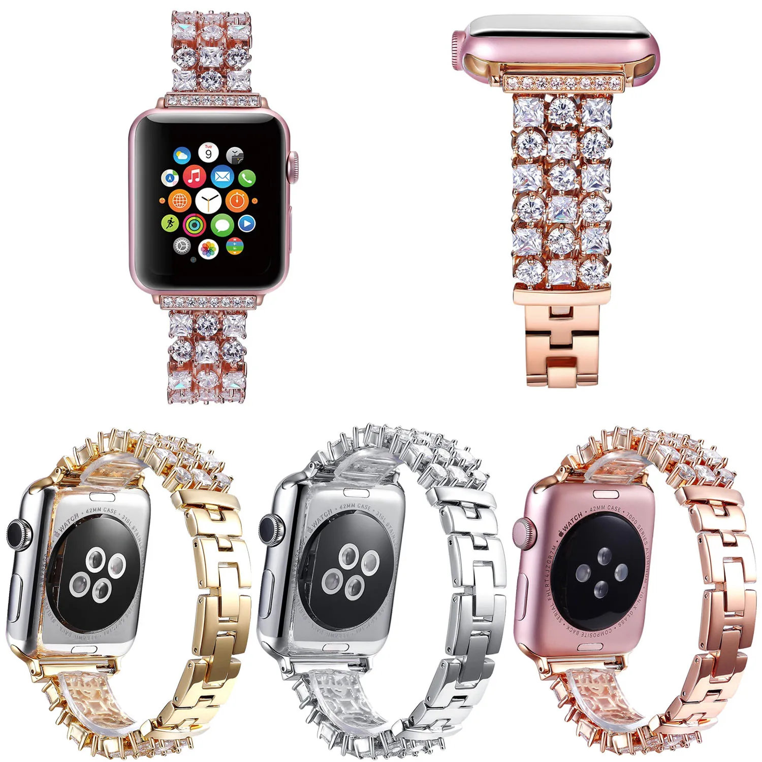 Блестящие стразы, ремешок для Apple Watch, ремешок серии 5, 4, 3, 2, 1, браслет из нержавеющей стали для iWatch 40 мм, 38 мм, 44 мм, 42 мм
