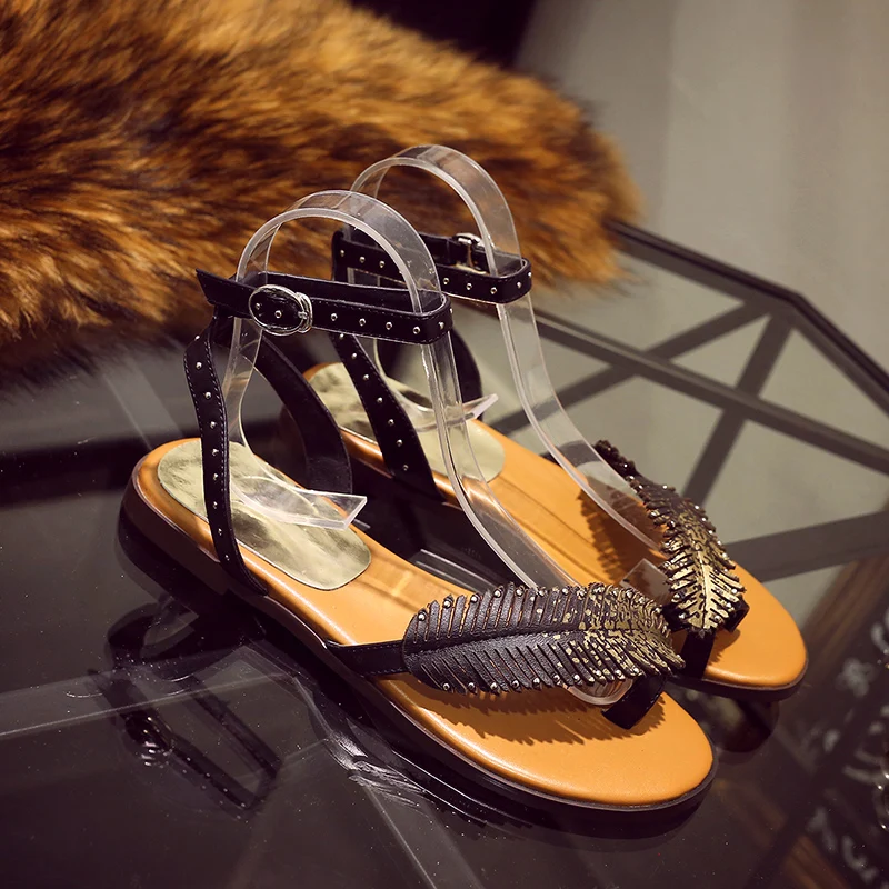 Women's Feather Shape Ankle Strap Sandals Brand Designer Rivet Genuine Leather Summer Shoes for Women Sandalias Female Footwear | Обувь