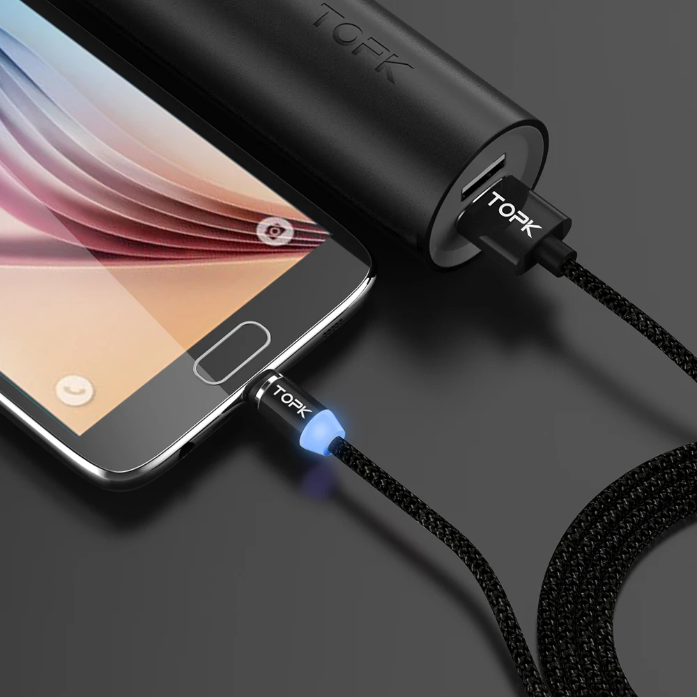 TOPK RLine1 светодиодный магнитный usb-кабель, 1 м и 2 м Магнитный USB type-C кабель и Micro usb кабель и USB кабель для iPhone X 8 7 6 Plus