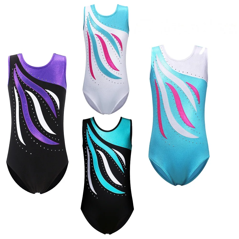 

BAOHULU 3-14 Years Girls Sleeveless Shiny Diamond Gymnastics Leotard One-Piece Blue Black White Child Kids Ballet Dance Wear