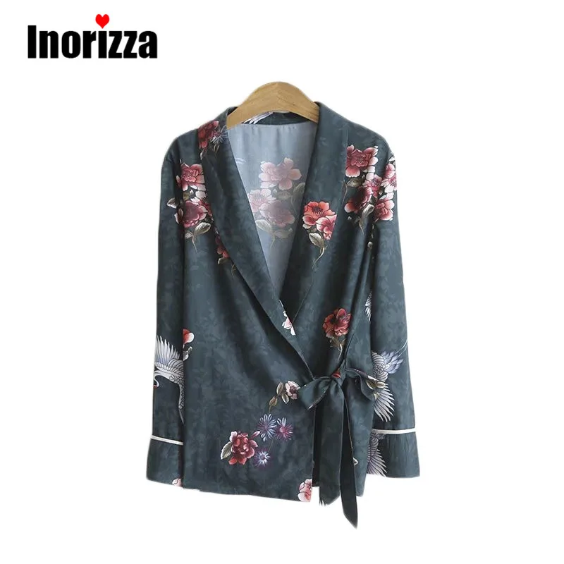 Весенние женские винтажные Птица Цветочный кимоно обертывание рубашки кран узор