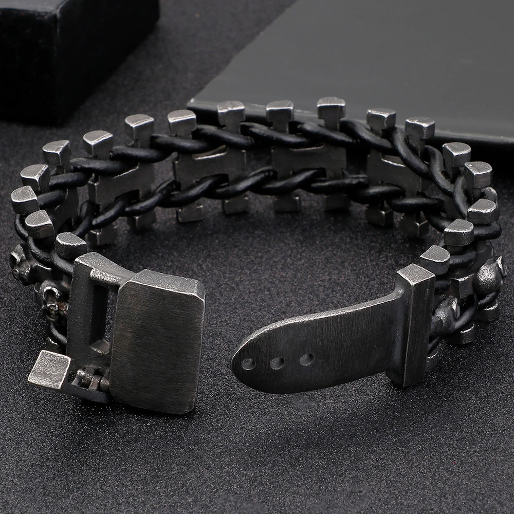 Мужской кожаный браслет с черепом в стиле ретро | Украшения и аксессуары