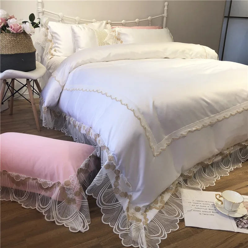 Princess luxury White Pink Violet Romantic lace silk Cotton Wedding Bedding Set Duvet Cover Bed sheet Linen Pillowcases 4pcs | Дом и сад