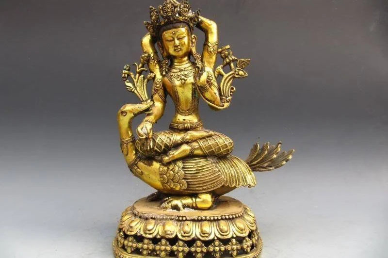 

17"Tibet Fane Bronze Copper Gild Kwan-Yin Guan-yin Buddha Ride on Duck statue