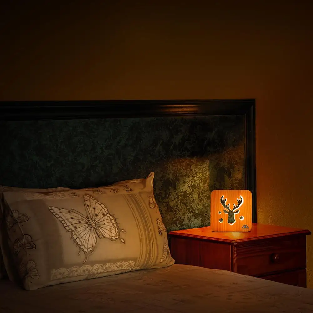 Лось книга свет твердой древесины ночник лампы USB книги Атмосфера Dc теплый белый