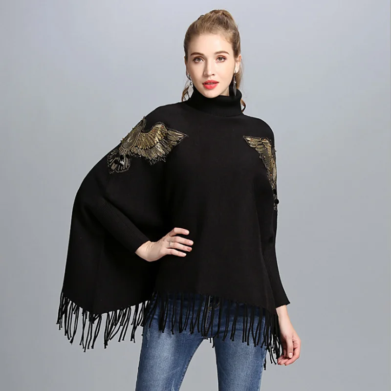 ZDFURS* Autumn Winter Long Knitted Women Eagle Appliqued Sweater Fashion Long Batwing Sleeves High Neck Stole Tassel Poncho - Цвет: black
