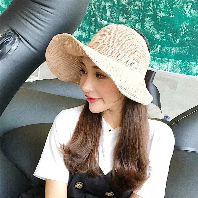

Women Summer Sun Hats Empty Top Visor Cap Handmade Straw Beautiful Hat Adjustable Beach Casual Foldable Lady Travel Shade UV Hat
