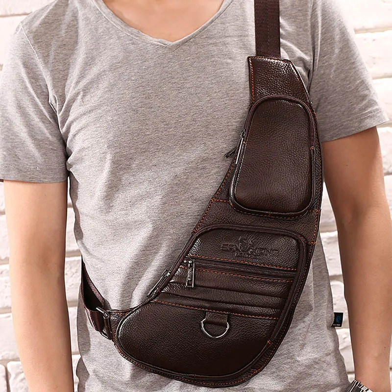 Coffee Metal zipper Высокое качество натуральной воловьей кожи мужские сумки на плече на груди ретро бренд известный путешествия слинг Сумка рюкзак из натуральной кожи один рюкзак - Цвет: Coffee Metal zipper