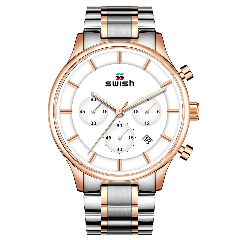Gold-White SWISH часы для мужчин водонепроницаемый Нержавеющая сталь наручные часы Хронограф Дата светящиеся кварцевые часы наручные часы для мужчин - Цвет: Gold-White