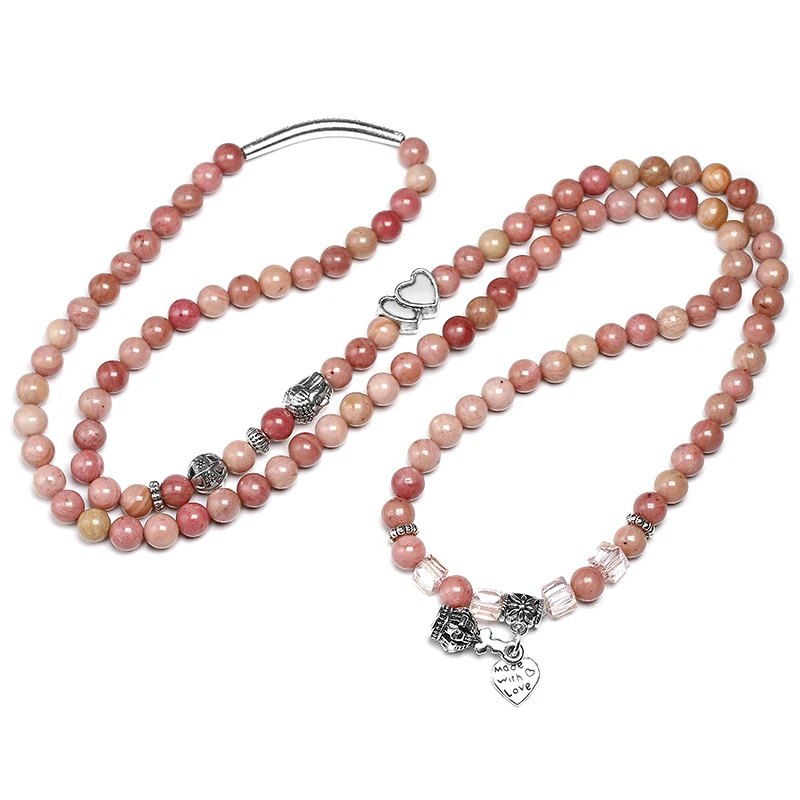 Натуральные Бусы из родохрозита 6 мм женский браслет Lotus OM Buddha Charm Yoga 108 Mala Necklace
