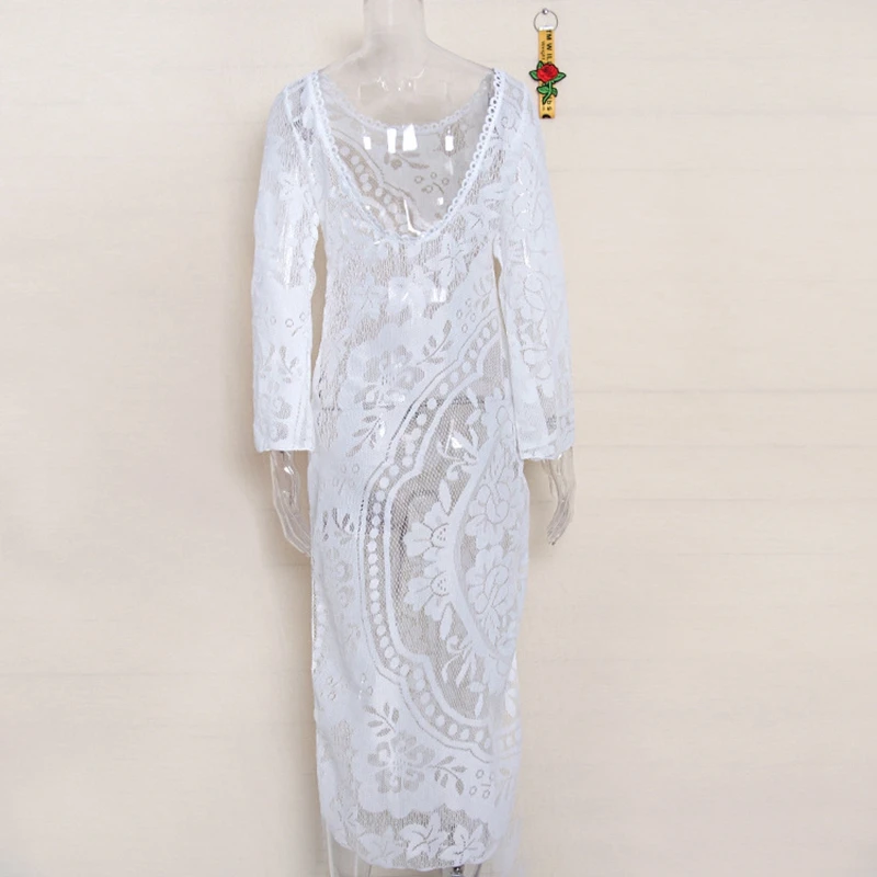

2018 Sexy Lace Beach Cover Up White High Split Backless Swimwear Dress Ladies Bathing Suit Cover Ups Beach Tunic Saida de Praia