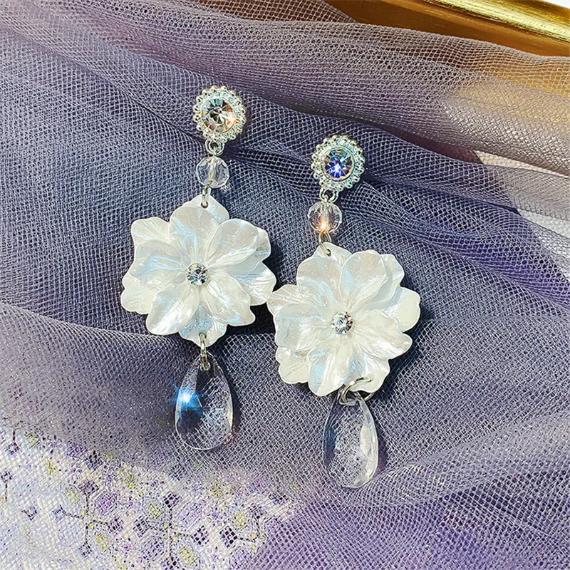FYUAN длинные висячие серьги с белым цветком для женщин Bijoux каплевидный кристалл Висячие серьги Модные Ювелирные изделия Подарки