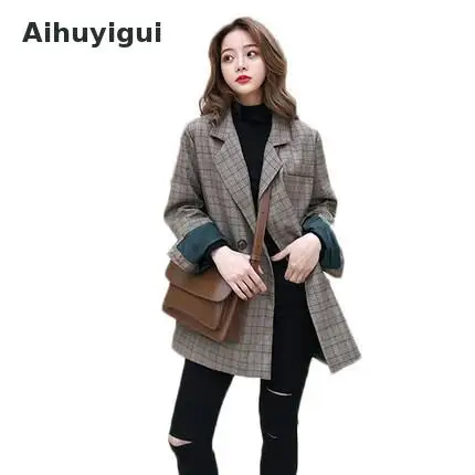 

Aihuyigui 2019 Female Loose Autumn Spring Women Plaid Office Lady Retro Blazer Long Sleeve Jackets Work Blazers Feminino Dr553