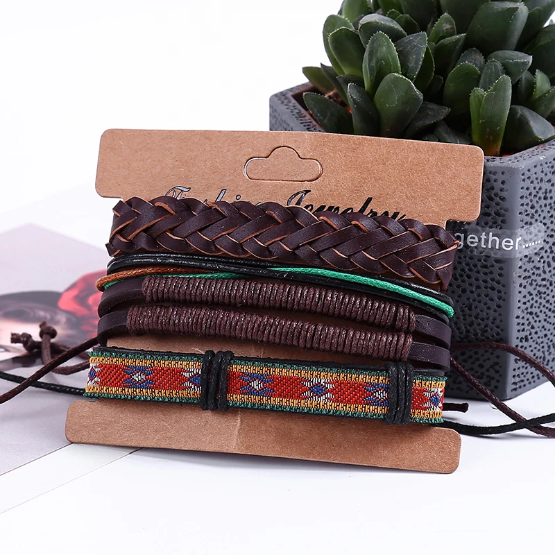 4 шт./компл. Панк boho Тибетский ткань темно коричневый кожа нить для макраме узлы обёрточная бумага широкий бан браслеты для человека ручной ЮВЕ