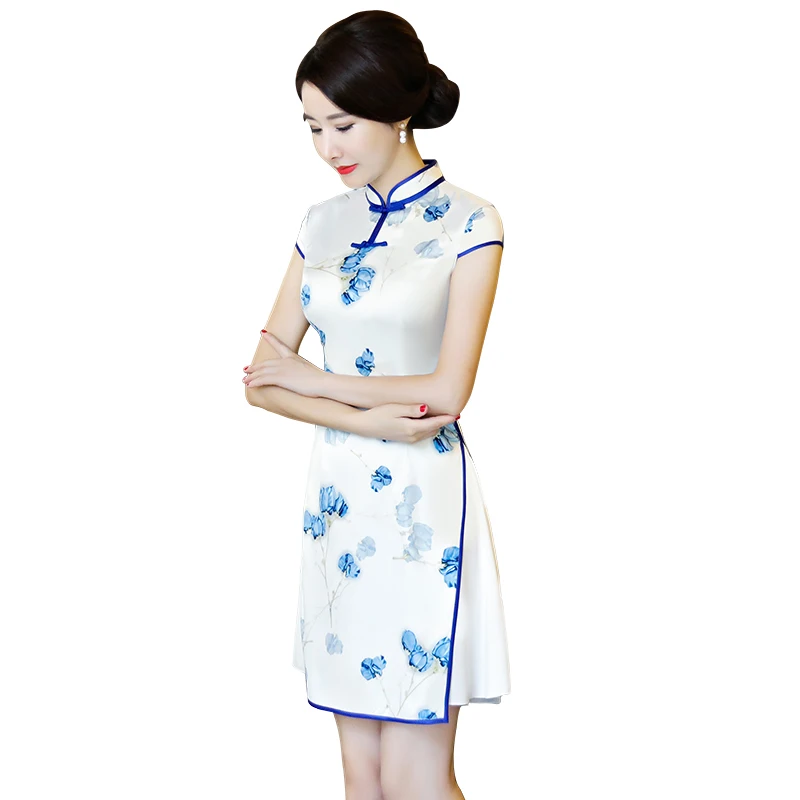 Шанхай история искусственного шелка короткие Cheongsam красный Qipao платье в