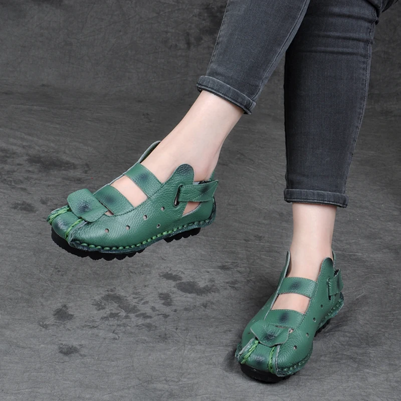 Женские сандалии гладиаторы OUKAHUI летние винтажные из натуральной кожи на низком