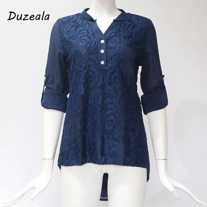 Navy Blue Осень, 5XL размера плюс, шифоновые блузки с вышивкой, женские кружевные топы, Топ с длинным рукавом, большой размер s, OL, женские рубашки - Цвет: Navy Blue