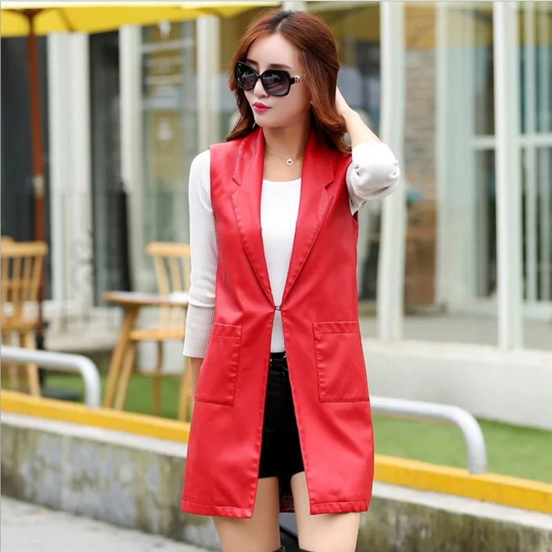 Длинный мотоциклетный жилет из искусственной кожи однотонный облегающий без