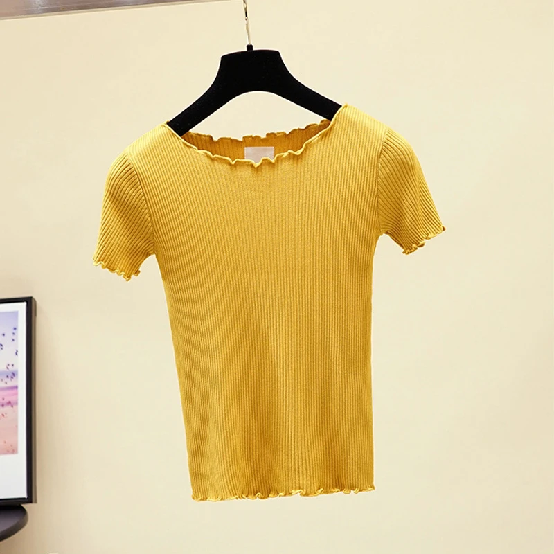 Женская трикотажная футболка с оборками Укороченная рубашка новинка 2019 года