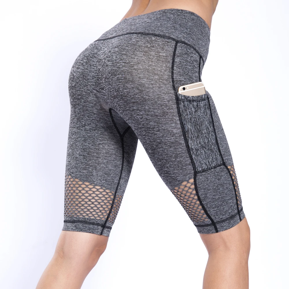 S1801 Women's Sports Short Workout Running Fitness Leggings Female Yoga Shorts High Waist Knee Length With Side Pocket | Спорт и