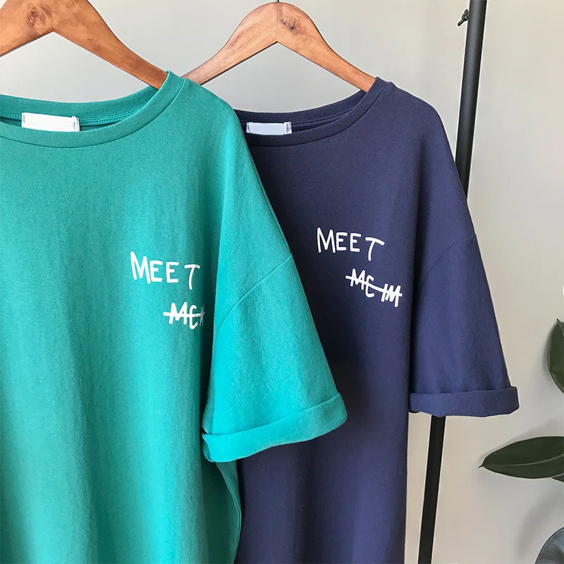 

2019 Women's Summer Autumn Short Sleeve O-neck Long Style Ltetter Print T-shirts Student Casual Loose Top Tees