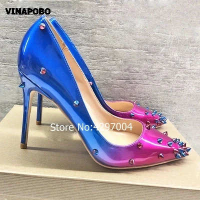 

Woman Pumps Luxury Gradient Purple Blue Rivets Pointed toe Stilettos Heels Spikes High Heels Sexy Formal Evening Shoes Women 43