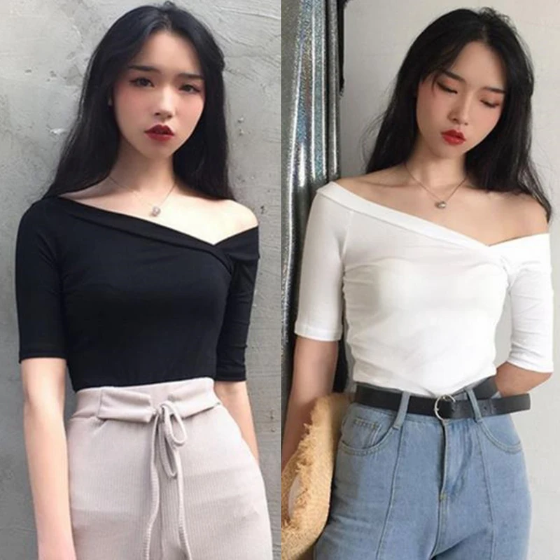 Летняя Модная Тонкая футболка с открытыми плечами белые футболки коротким