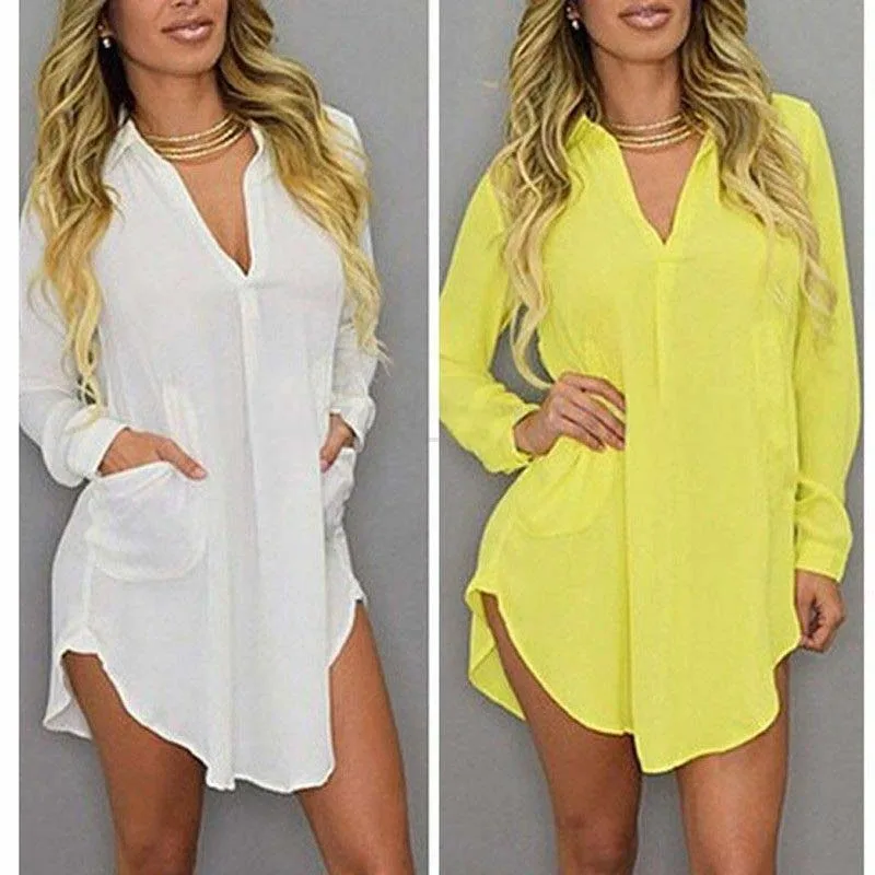

Women Long Sleeve Loose Chiffon Long Shirt Dress Casual Blouse Mini Dress