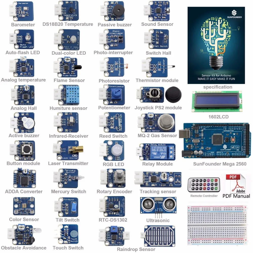 Комплект датчиков SunFounder Ultimate Mega 2560 V2.0 для Arduino UNO R3 Mega2560 Mega328 Nano|kit kits|kit for arduinokit arduino