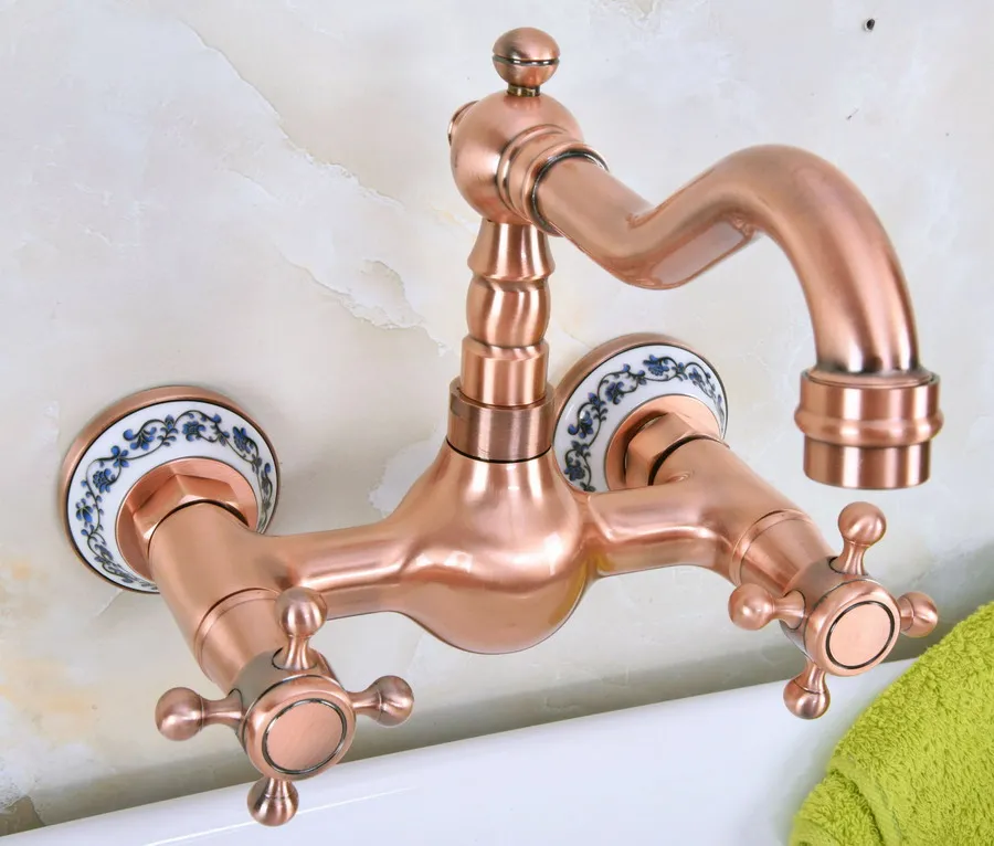 

Antique Red Copper Brass Bathroom Kitchen Sink Faucet Mixer Tap Swivel Spout Wall Mounted Ceramic Base Dual Cross Handles mnf941
