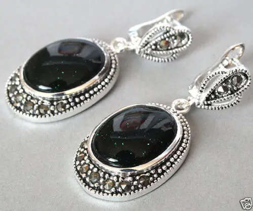 Fashion 925 Sterling Silver Natural Green Sand Stone Marcasite Dangle Earrings | Украшения и аксессуары