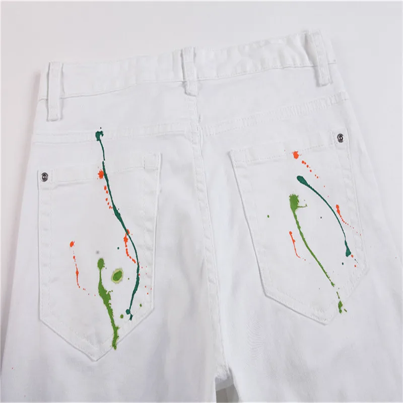 2018 Мужская печатных белые джинсы тонкие узкие джинсовые брюки Середина мода