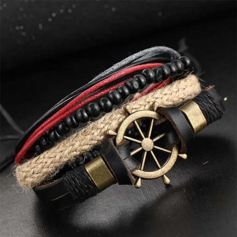 Многослойные кожаные браслеты мужские ювелирные изделия винтажный плетеный