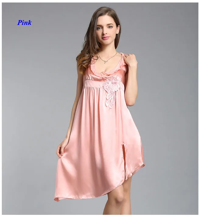 Женская ночная рубашка из чистого шелка пикантная с v образным вырезом и вышивкой